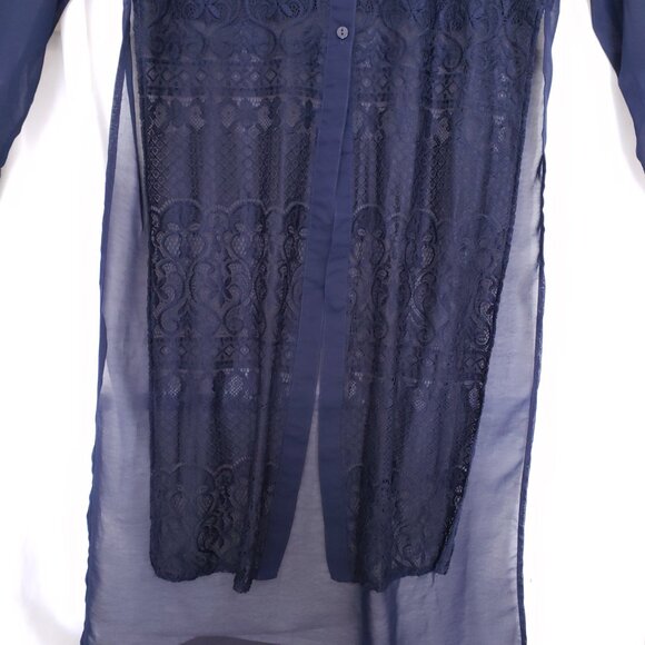 The Line of Style Navy Blue Mesh Lace Pattern Unique Design Long Blouse Size S - Picture 9 of 15